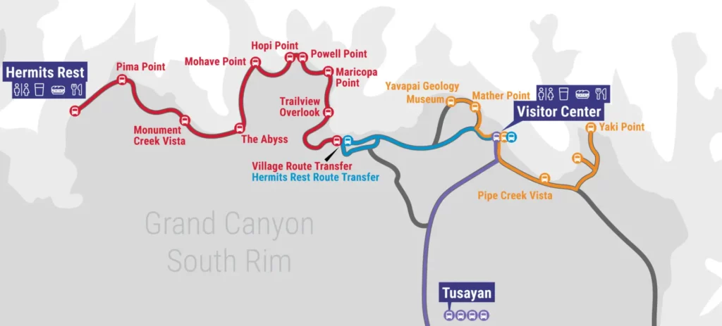 Carte - Grand Canyon village lignes de bus - South Rim guide complet - Odyssée Américaine