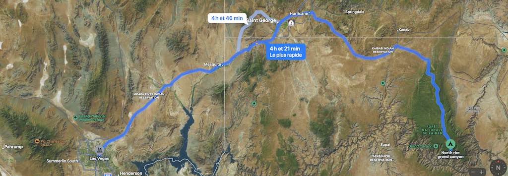 carte d'accés entre Las Vegas et le north rim Photo satelite Odyssée Américaine