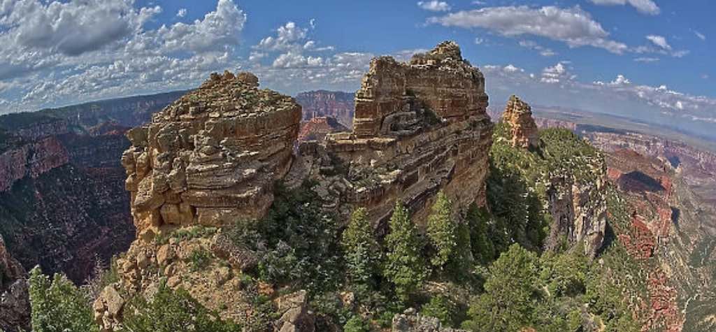 Roosvelt Point, North Rim Grand Canyon - Continuez votre route et, deux miles plus loin, faites une halte à Roosevelt Point. Ce point de vue, dédié à Theodore Roosevelt, vous offre un panorama unique sur la Kwagunt Valley. En toile de fond, laissez-vous surprendre par les couleurs incroyables du Painted Desert, qui se fondent dans l’horizon. Odyssée Américaine