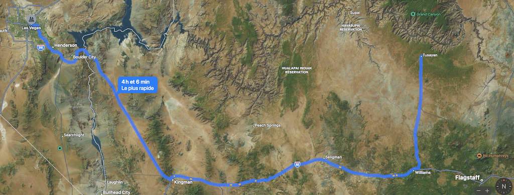 carte géographique ; 3 choix s’offrent a vous : le Grand Canyon au départ de Las Vegas, au départ de Grand Canyon West Rim, au départ de Grand Canyon South Rim (=Tusayan = Grand Canyon national Park Airport) - grand Canyon en hélicoptère - odyssée américaine
