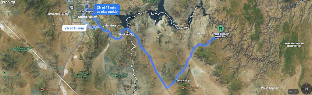 Photo satellite route de las vegas au West rim grand canyon Odyssée Américaine