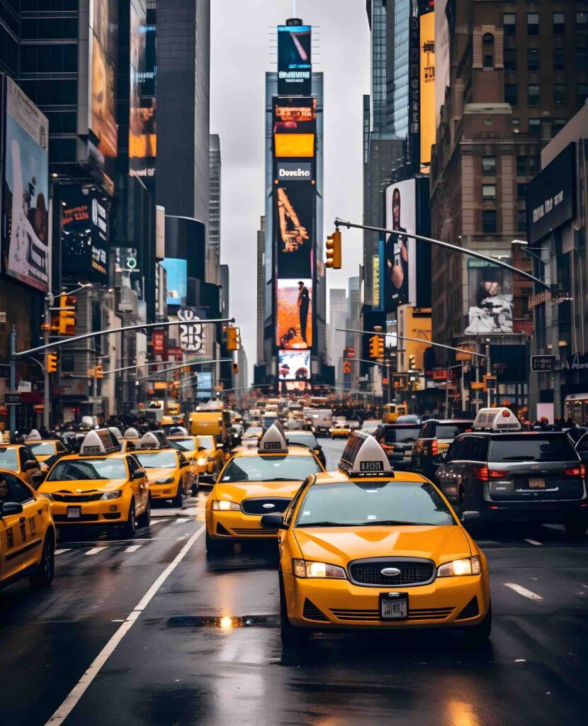 taxi jaunes de New York city - rue tombée du jour - De quelle manière se déplacer ? Métro: Le moyen le plus rapide et économique pour se déplacer dans New York. Achetez une MetroCard (en vente danles stations avec une boule verte) pour des trajets illimités à la semaine. Bus : Moins rapide que le métro, mais permet de découvrir la ville en surface. Ferries : Profitez des ferries, notamment celui de Staten Island, qui offre une vue imprenable sur la Statue de la Liberté gratuitement. À pied ou en vélo : Idéal pour explorer Central Park, Brooklyn, et les quartiers branchés. visiter New York guide et astuces - ODYSSEE Américaine